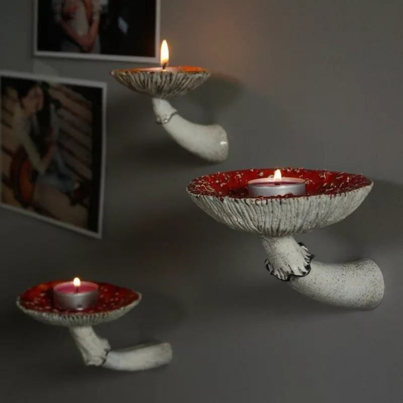 Mushroom Head Candle Holder Wall Mounted Floating Shelf Resin Wall Storage Tray Indoor Decorations