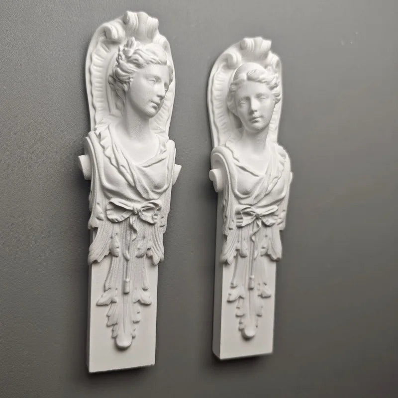 Pair of Classical Maiden Pillar Busts - Plaster Sculptures, Roman-Inspired Shelf Artifacts & Museum-Style Collectible Decor