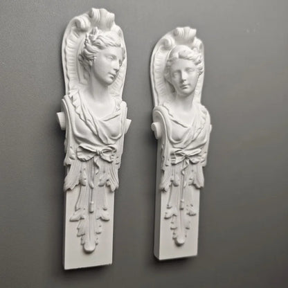 Pair of Classical Maiden Pillar Busts - Plaster Sculptures, Roman-Inspired Shelf Artifacts & Museum-Style Collectible Decor