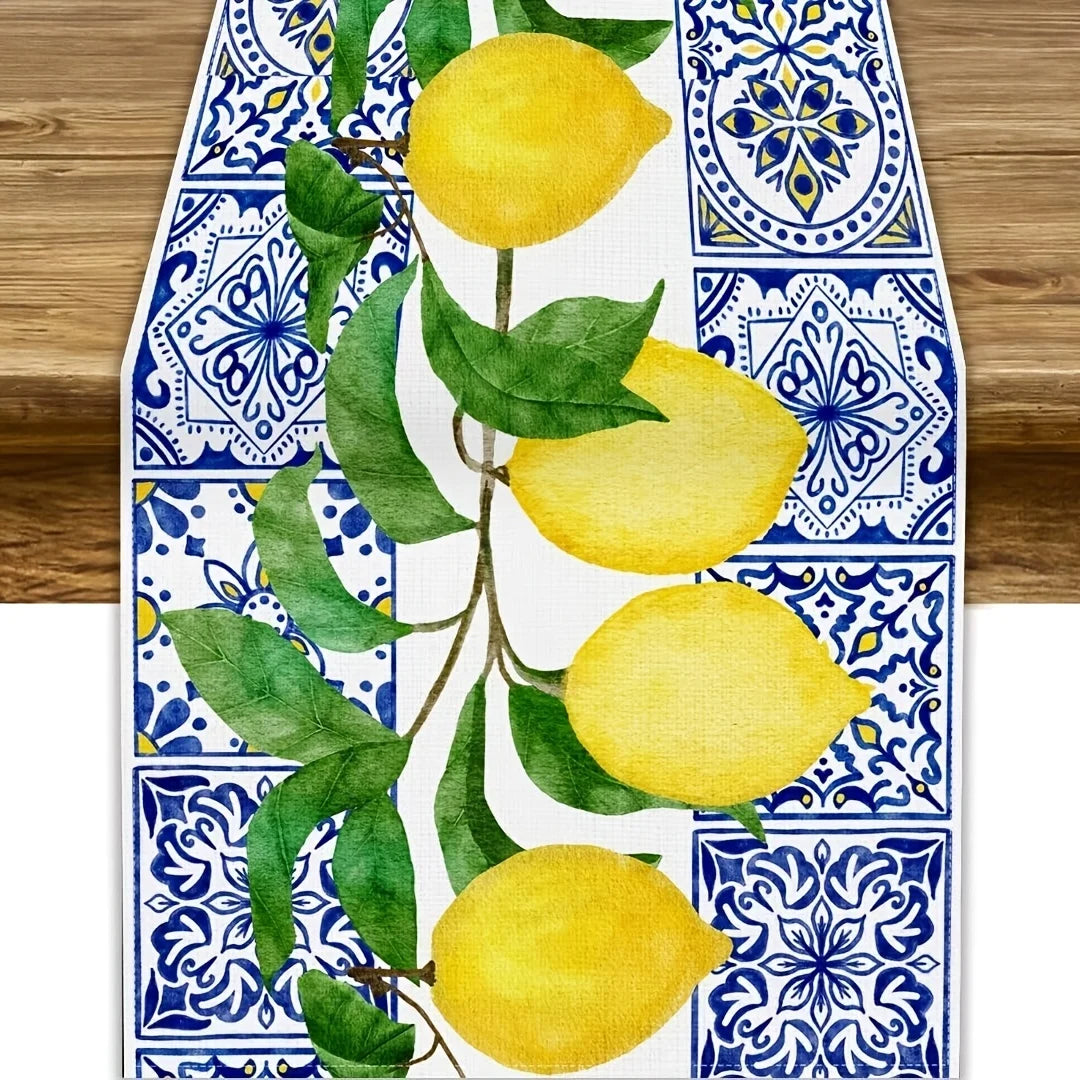 Yellow Lemon Blue Tile Printed Linen Table Runner Holiday Party Decor Summer Lemon Fruit Plant Table Runners Kitchen Table Decor