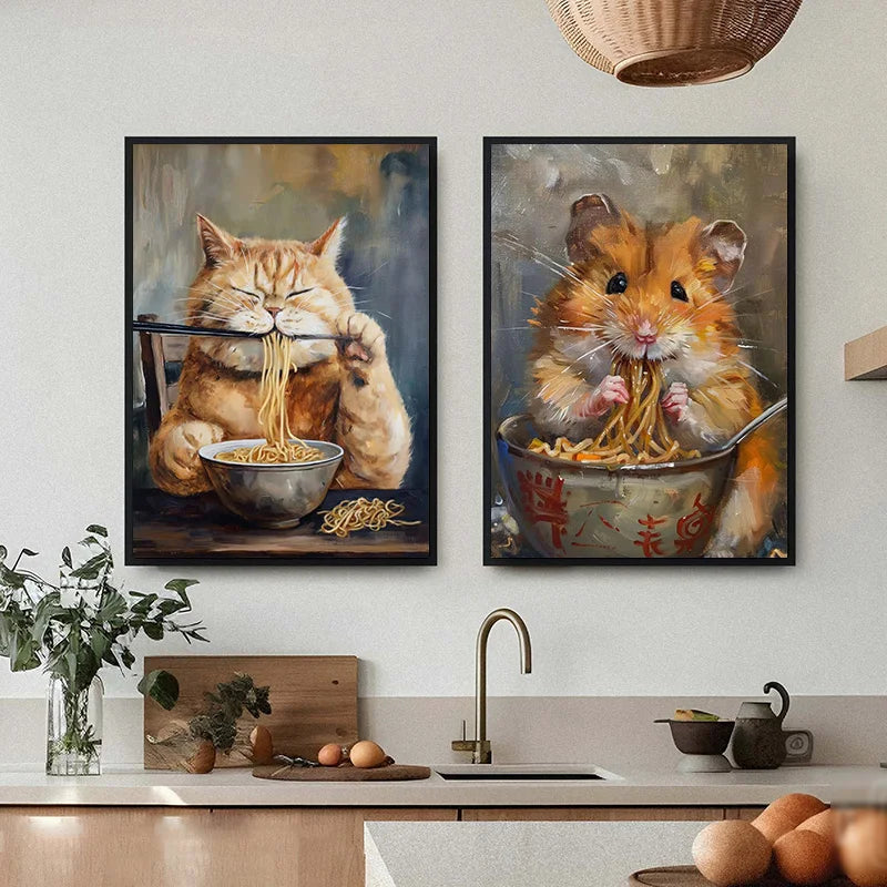 Lamian Noodles Animal Raccoon Hamster Bear Poster Canvas Printing Vintage Animals Kitchen Art Decor Home Dining Room Decoration