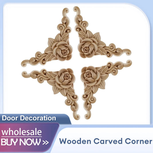 4Pcs Natural Floral Wooden Figurines Crafts Wood Carved Corner Appliques Frame Wall Door Furniture Woodcarving Decorative