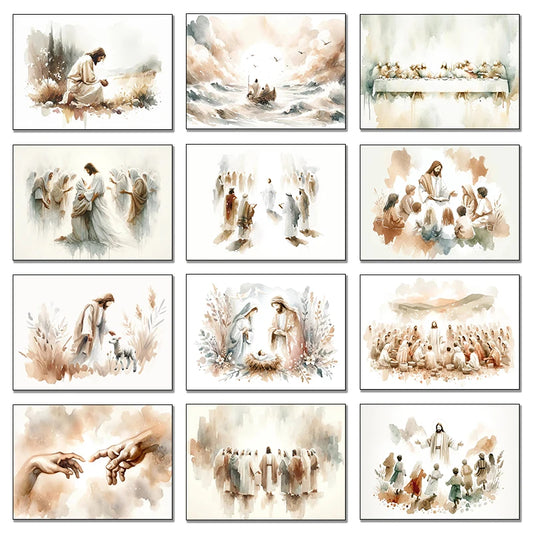 Watercolor Jesus with Children The Last Supper Calms The Storm Bible Christian Canvas Painting Print Wall Art Poster Home Decor