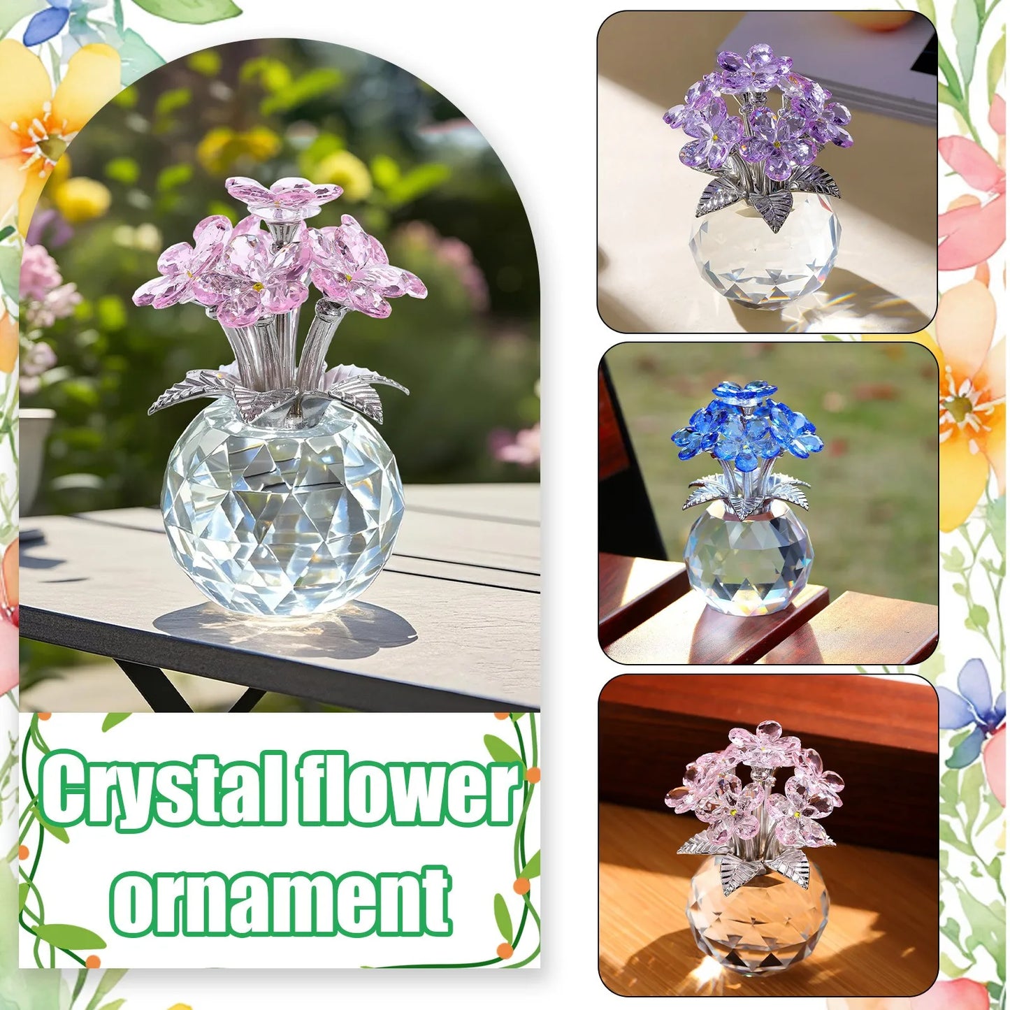 Crystal Bouquet with Round Vase Figurines Gifts for Women Glass Bouquet Ornament Romantic Gifts Table Centerpiece Home Decor
