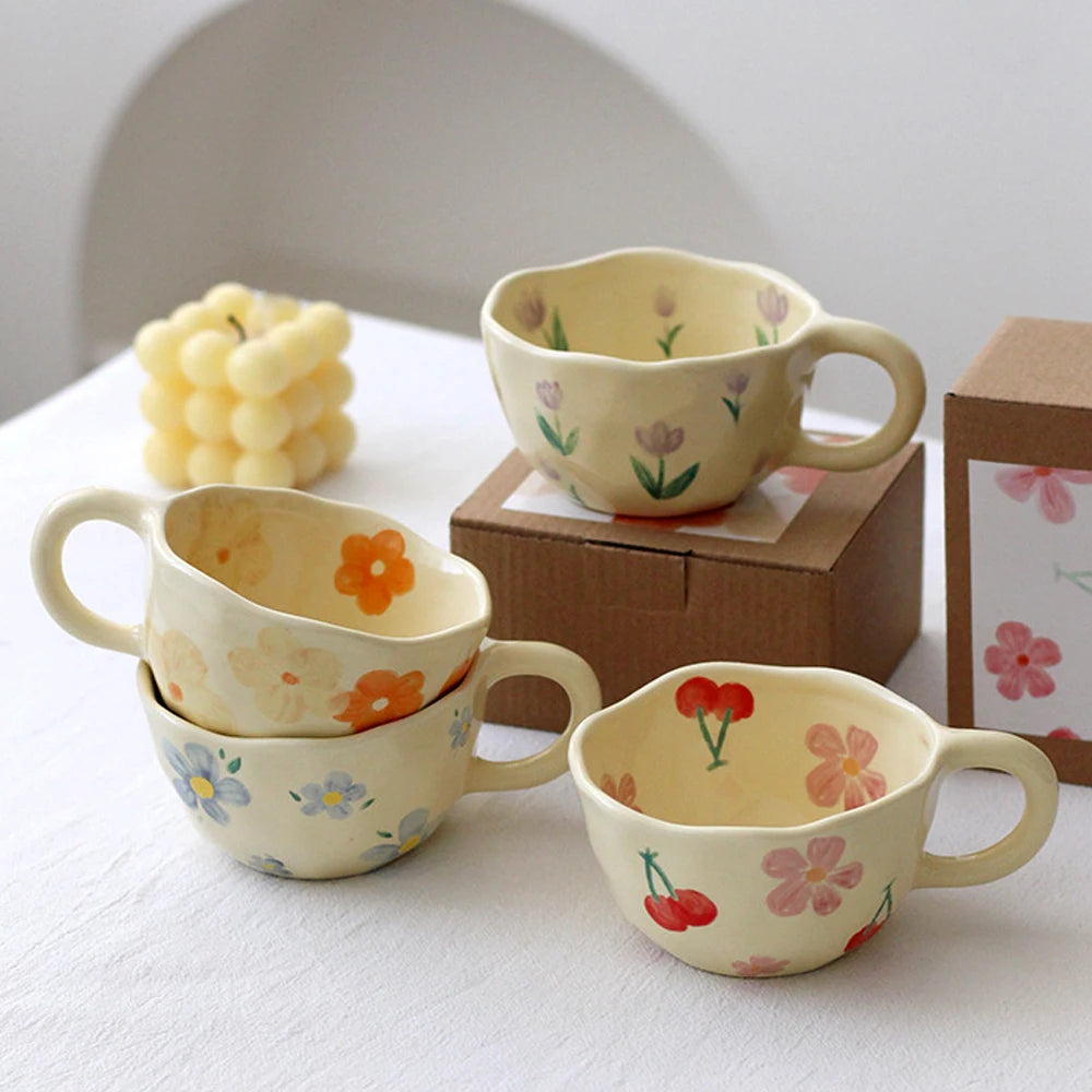 Tasses en céramique, tasses à café, fleur irrégulière pincée à la main, tasse de thé au lait, Style coréen, tasse de petit déjeuner à l'avoine, verres de cuisine