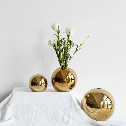 Plating Golden Ball Ceramic Vase Ornaments Crafts Flower Pot Art Hydroponic Vases nordic style Home Decoration Ornament Gift
