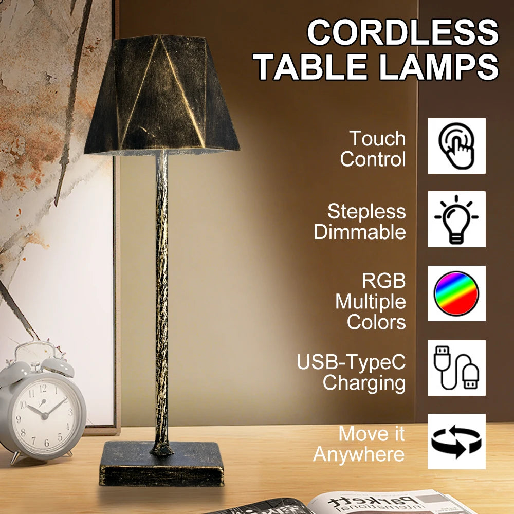 Cordless Table Lamp USB Rechargeable LED Smart Dimmable Touch Portable Vintage Restaurant Bedroom Bars Desktop Decoration Lamp