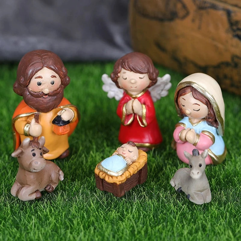 Christmas Manger Decoration Set Cartoon Jesus Holy Figure Resin Figurines for Home Bedroom Living Room Decoration