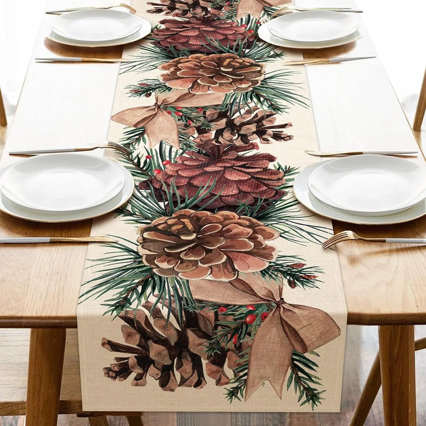 Christmas  Pine Cone Pine Needle Branch Berry Linen Table Runner for Table Decor Winter Xmas Table Runners Christmas Decorations