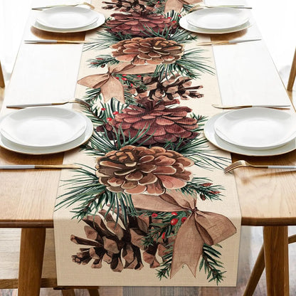 Christmas  Pine Cone Pine Needle Branch Berry Linen Table Runner for Table Decor Winter Xmas Table Runners Christmas Decorations