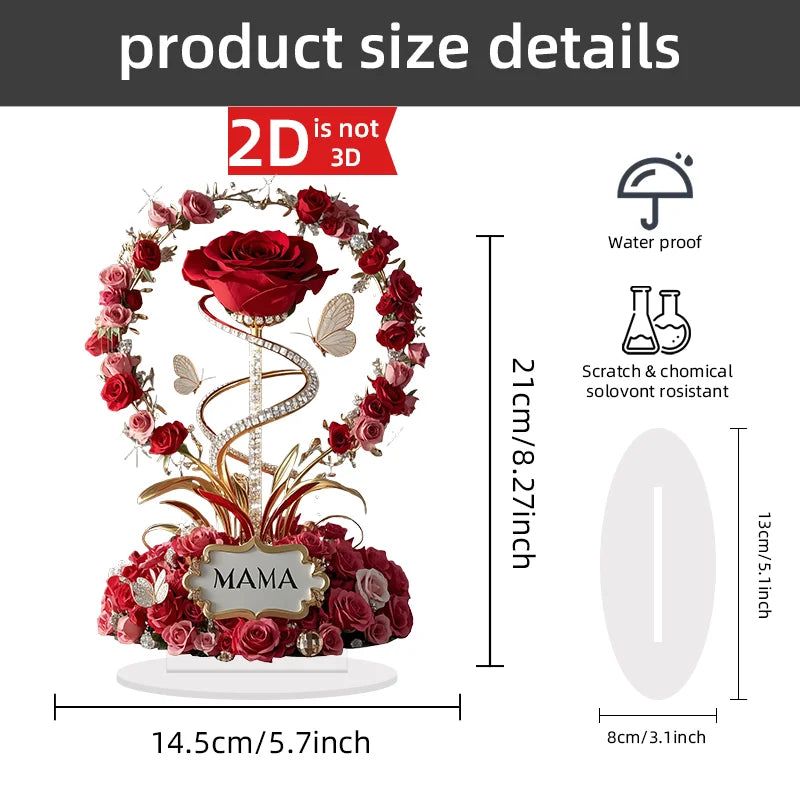 2D Acrylic Ornament Red Rose MOM Pattern Roses Mother Flat Elegant Desk Decora Filial Child to Mother Gifts