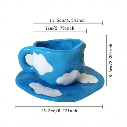 1 ensemble tasse en céramique bleu ciel et nuages ​​blancs avec plateau fleur peint à la main rayé tasse en céramique et ensemble d'assiettes ensemble de tasse à café