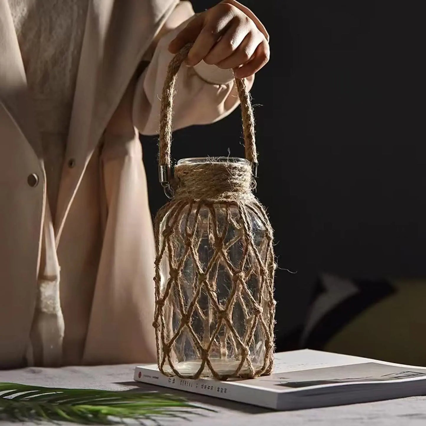 Vase en verre suspendu rustique, filet de fleur sèche, Vase en verre avec corde de chanvre artistique, décoration de maison transparente, décoration de Table de salon