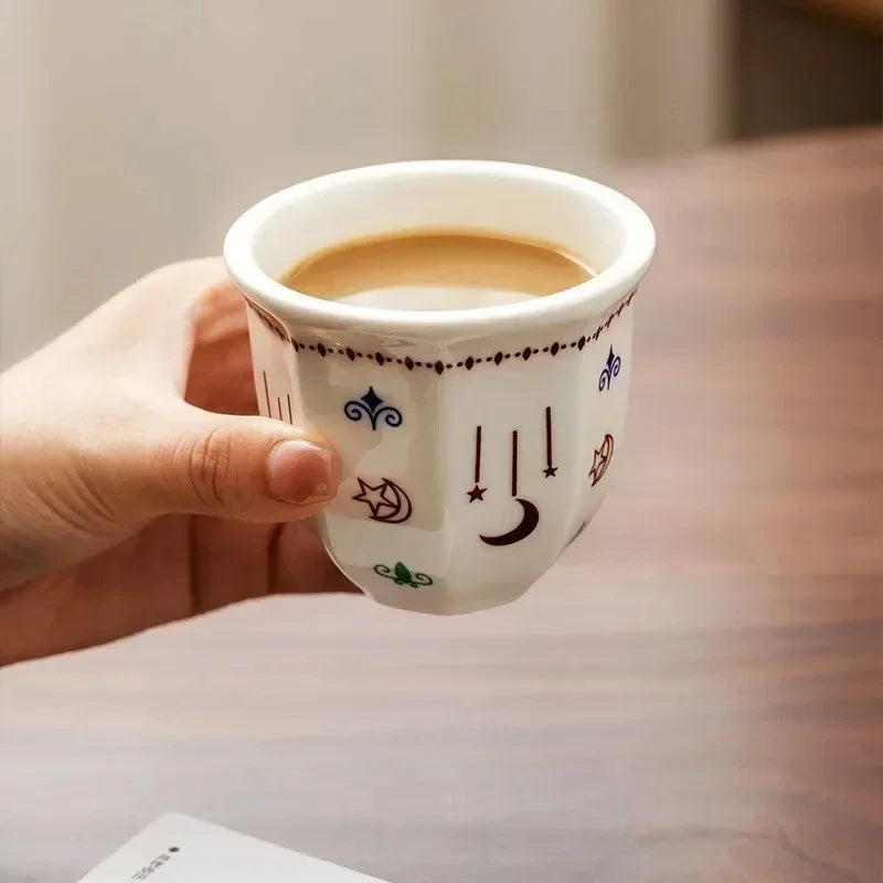 Arabic Ceramic Coffee Cup with Star Moon Design, Latte Art Espresso Tea Mug ErgonomicHandleDishwasherSafeHome Office Ethnic Gift