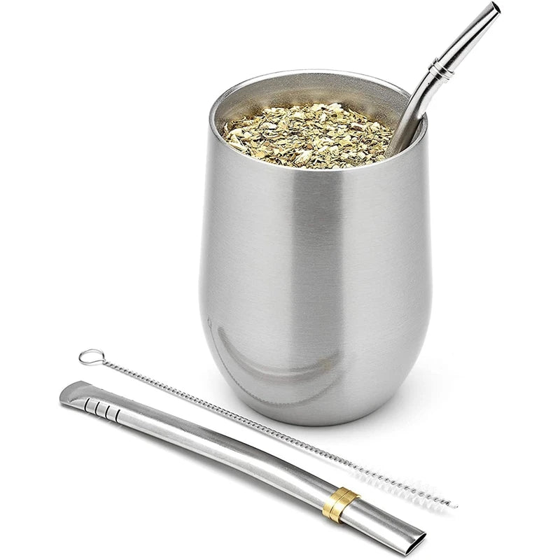 Yerba Mate Gourd Tea Cup Set 12Oz,Double-Wall Stainless Coffee Water Cup With Lid 2 Bombillas Straws Spoon&Brush