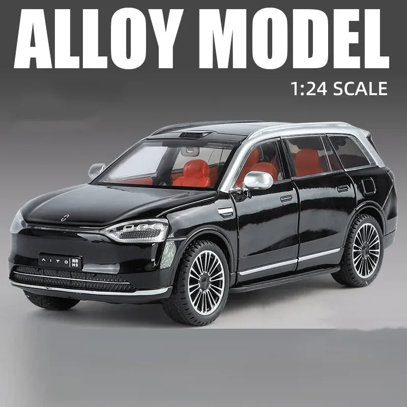 1:24 Scale SERES AITO M9 Cars Alloy Models Diecast Toy 6 Doors Opened SUV with Light Sound Vehicles Toys for Kids Festival Gifts