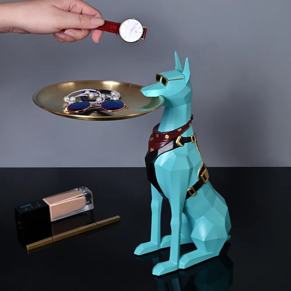 Dobermann-Pinscher-Hundeskulptur aus Kunstharz, Butler mit Metalltablett, Kunsthandwerk, Ornament, Dekor, Kunst, Tierfiguren, dekorative Heimdekoration