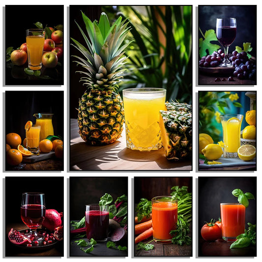 Fruit And Orange Lemon Apple Juice Canvas Posters Prints Wall Art Painting HD Picture For Modern Kitchen Living Room Home Decor