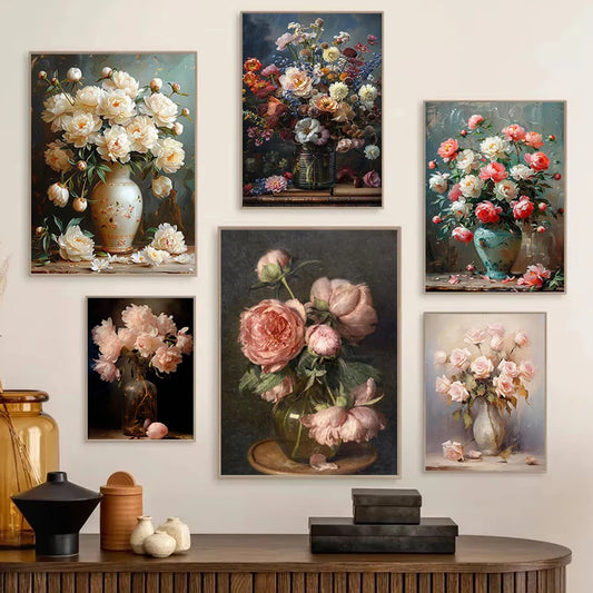 Vintage Bouquet Pink Roses Nordic Fashion Still Life Oil Painting Printed Poster Canvas Paintings Wall Art Pictures Home Decor