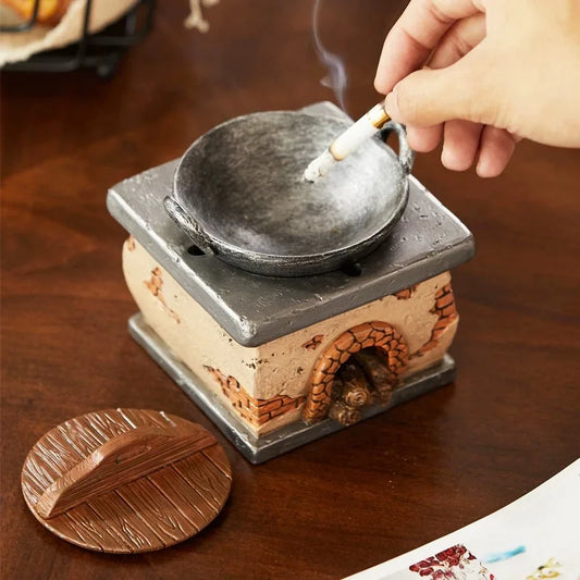 Retro Style Wind Belt Cover Old Stove Decoration Ashtray Creative Personality Trendy Home Desktop Resin Old Stove Ashtray