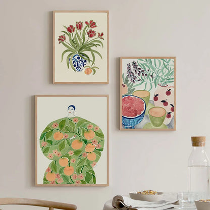 Abstract Girl Hand Fruit Flower Leaf Vase Wall Art Canvas Painting Nordic Posters And Prints Wall Pictures For Living Room Decor