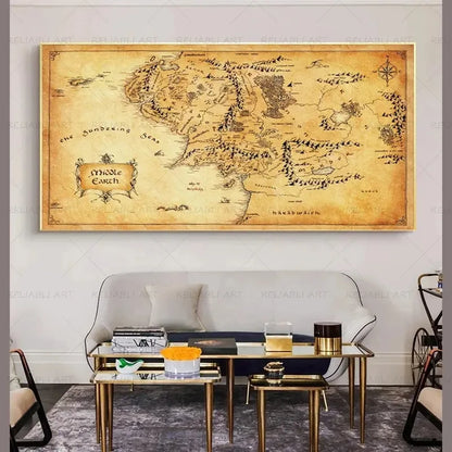 Retro The-Lord-of-Rings Map Canvas Painting Vintage Middle-earth Map Poster Movie Wall Art Pictures for Home Living Room Decor