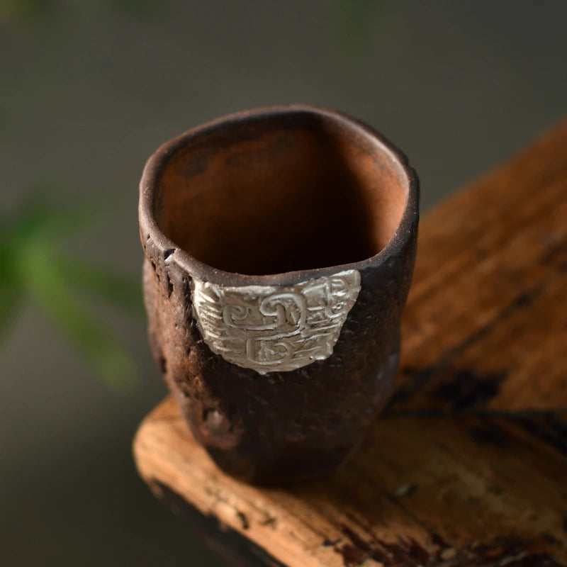 Gilt Silver Totem Master Cup Vintage Rough Pottery Tea Cup Kung Fu Tea Cup Handmade Ceramic Tea Set Single Cup Tea Jar