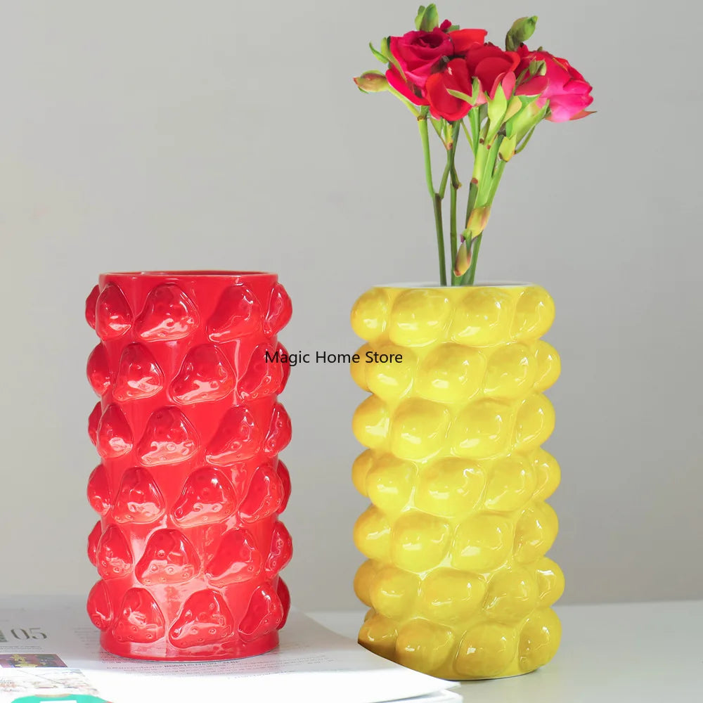 Lovely Ceramic Vase Creative Cartoon Fruit Lemon Strawberry Decorative Vases Flower Vase for Home Living Room Office Decor
