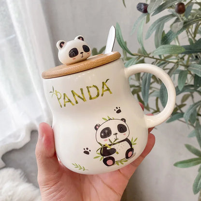 Tasse en céramique panda de dessin animé mignon 400ml, avec couvercle et cuillère, tasses à café, tasses à thé au lait, tasse de petit déjeuner, verres, cadeaux de nouveauté
