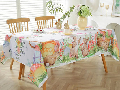 Easter Bunny Eggs Flower Waterproof Tablecloths Holiday Party Decor Spring Floral Plants Rectangle Table Cover Easter Decoration