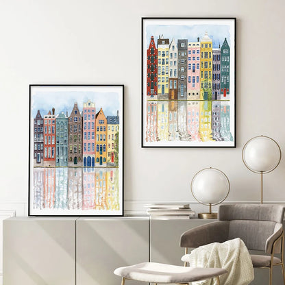 Watercolor Facades of Old Colorful Buildings Poster Canvas Paintings Print Wall Art Interior Picture for Living Room Home Decor