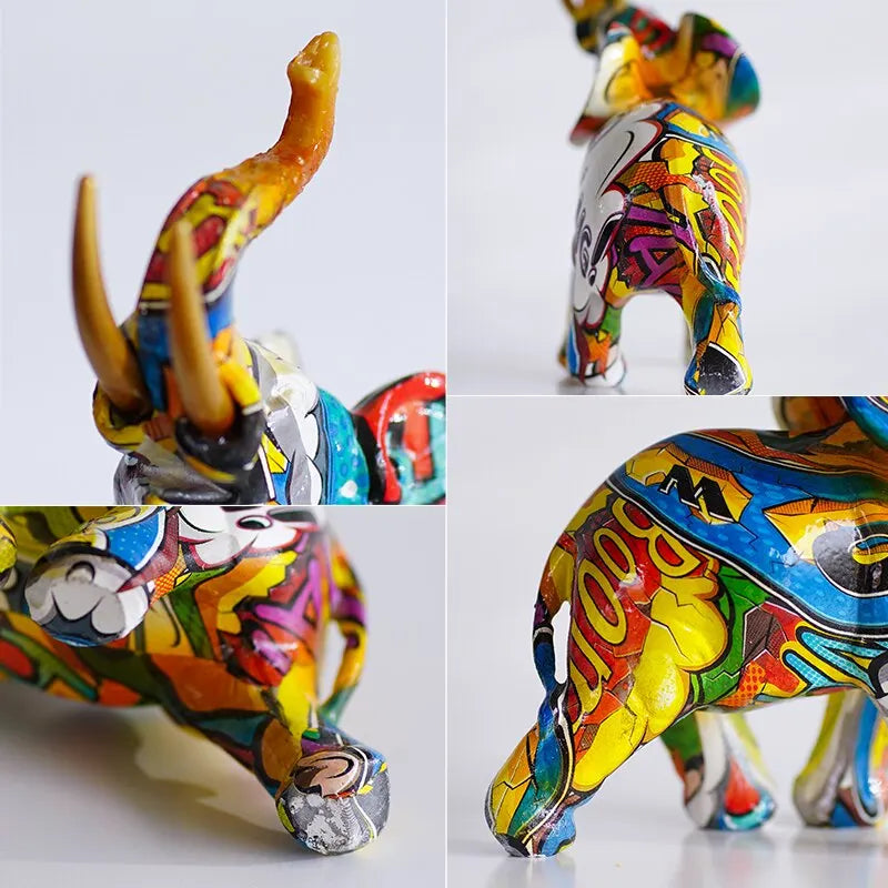 Figurines d'éléphant imprimées par transfert coloré en résine, ornements d'art moderne, animaux Feng Shui, accessoires de décoration intérieure de maison et de bureau