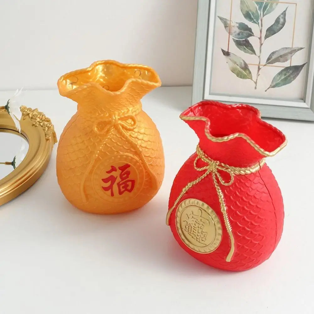 Vase Fukubukuro Vintage, Pot de fleur créatif en plastique rouge et or pour nouvel an chinois, décoration du Festival de printemps Fukubukuro