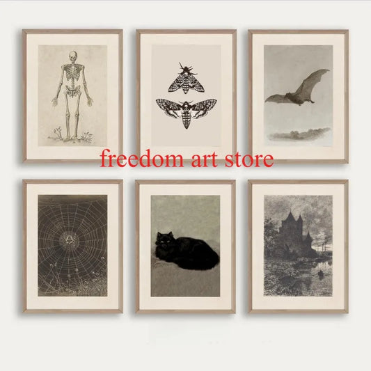 Vintage Halloween Antique Dark Bat Sketch Skeleton Art Poster Canvas Painting Wall Prints Picture for Living Room Home Decor