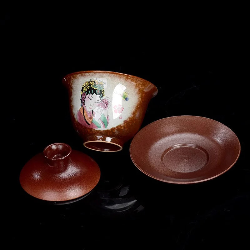 Handmade Ceramic Gongfu Tea Set, Chinese Bohemian Lid Bowl & Saucer, 170ml; Capacity, Artistic Tea Cup for Traditional Ceremony