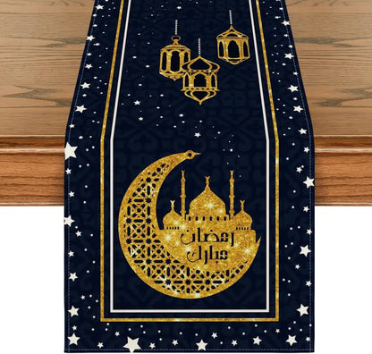 Ramadan White Moon Star Golden Linen Table Runner Holiday Party Decor Seasonal Spring Kitchen Dining Table Runners Table Decor