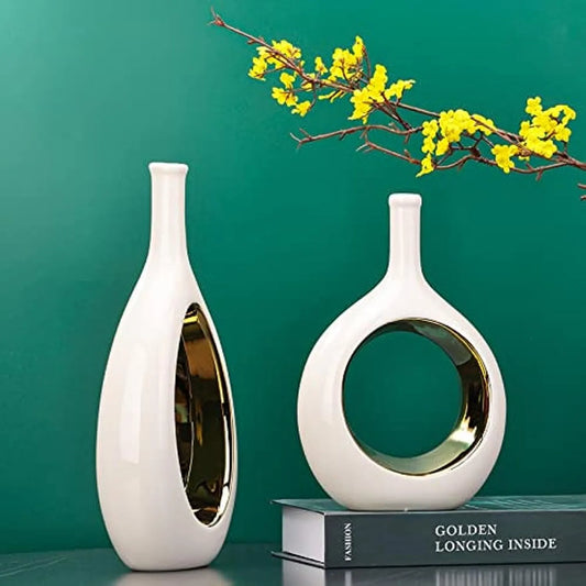 2-teilige weiße und goldene Vase aus Keramik, Heimdekoration, moderne, minimalistische kreisförmige dekorative Vase, hohle Ellipsen-Blumenvasen, Mittelstücke