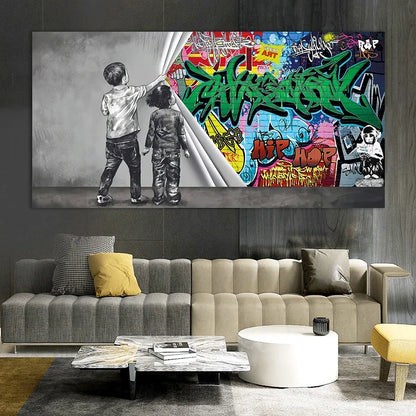 Nordic Minimalist Wall Art Bank Graffiti Funny Two Kids HD Canvas Poster Print Home Bedroom Living Room Decoration Gifts
