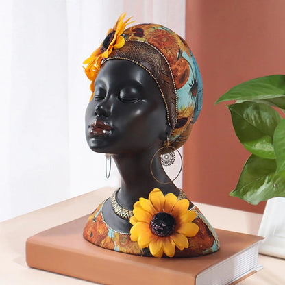 African Woman Statue Black Lady Figurine Female Bust Art Sculpture Resin for Wine Cabinet Table Centerpiece Restaurant Bedroom