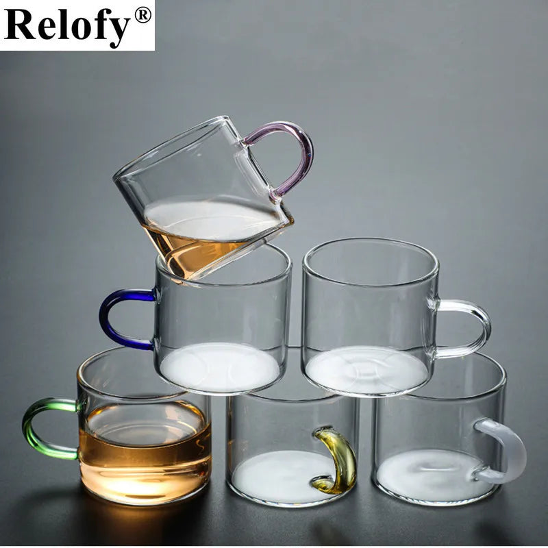 6pcs Glass Tea Cup with 1pcs Shelf Students Glasses Small Milk Water Mug with Handle Family Coffee Mug Beer Juice Milk Drinkware