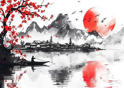 Japanese Landscape Ink Painting Poster Mountain Cherry Blossom Flowers Samurai Dragon Koi Canvas Picture Wall Art Home Decor