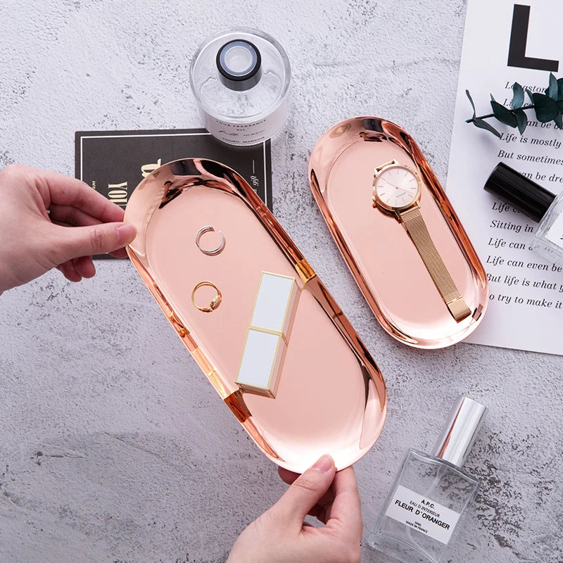 Modern Metal Rose Gold Plate Stainless Steel Silver Oval Storage  Jewelry Display Storage Tray Decorative Supplies Tray