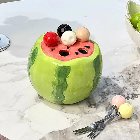 Cartoon Cute Watermelon Fork Set Creative Ceramic Stainless Steel Home Dessert Cake Fruit Fork Storage Can Kitchen Ornament
