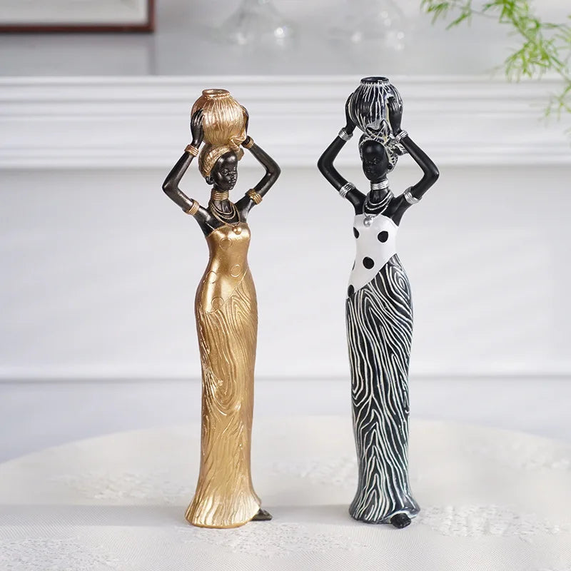 African Woman Figurines for Interior Decoration, Creative Tribal Lady Decorative Sculptures for Home Resin Art Statue Home Decor