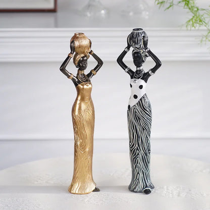African Woman Figurines for Interior Decoration, Creative Tribal Lady Decorative Sculptures for Home Resin Art Statue Home Decor