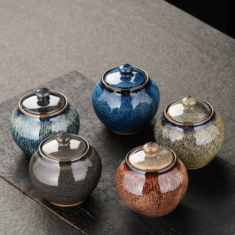 Painted Texture Tea Canister Sealed Ceramic Tea Caddy Storage Jar with Lid Coffee Table Desk Decoration General Jar Candy Can
