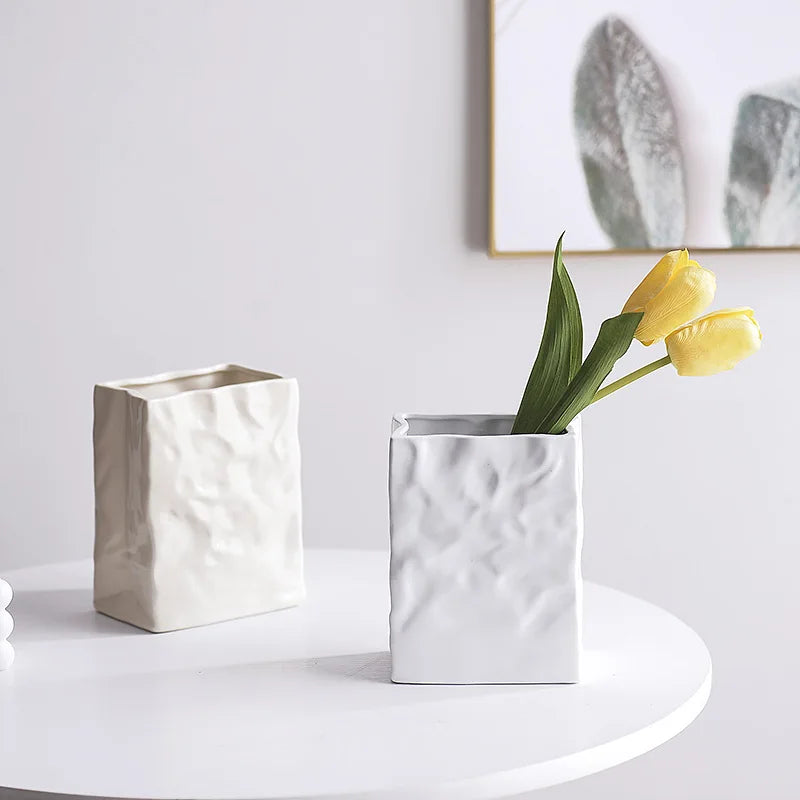 Simple cream style imitation paper bag pleated ceramic vase Hydroponic vase Home decoration room decoration ins simple