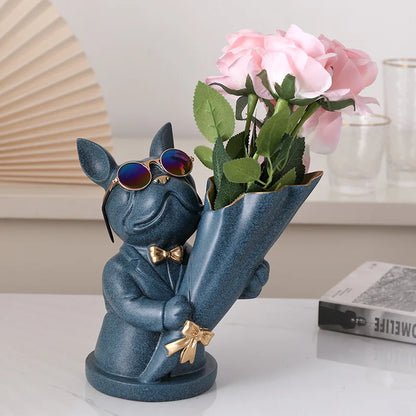 French Bulldog Figurine With Vase For Flower Decoration Home Animal Resin Sculpture Flower Vase For Table Decoration Dog Statue