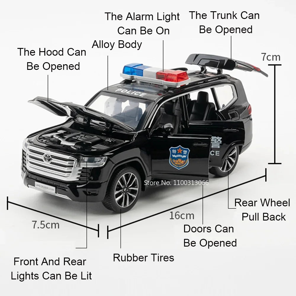 1:32 LAND CRUISER LC300 Police Cars Toys Alloy Diecast Model 6 Doors Opened with Light Music Vehicles Models Boys Birthday Gifts