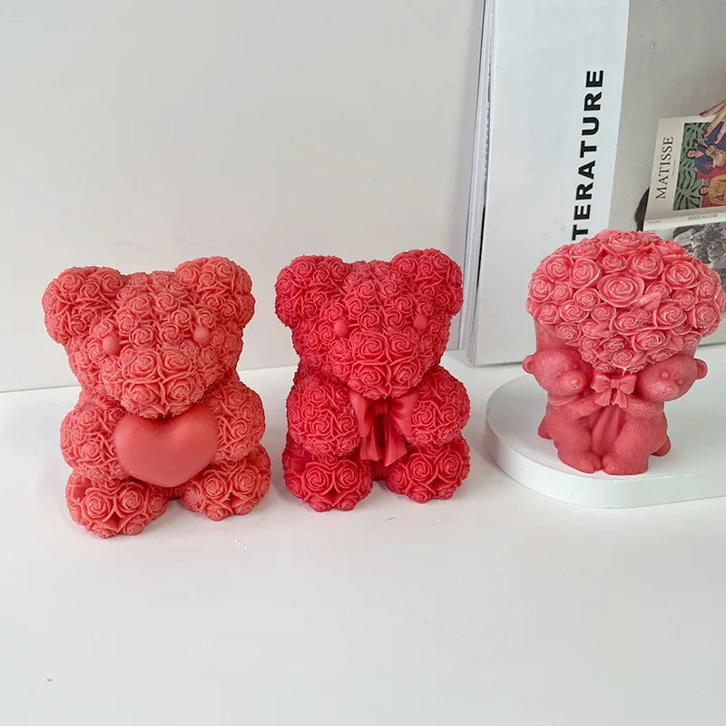 DIY Bear Candle Mold Flowers Foam Love Bear of Roses Candle Mould Chocolate Candy Cake Decor Mold for Wedding Valentine's Day
